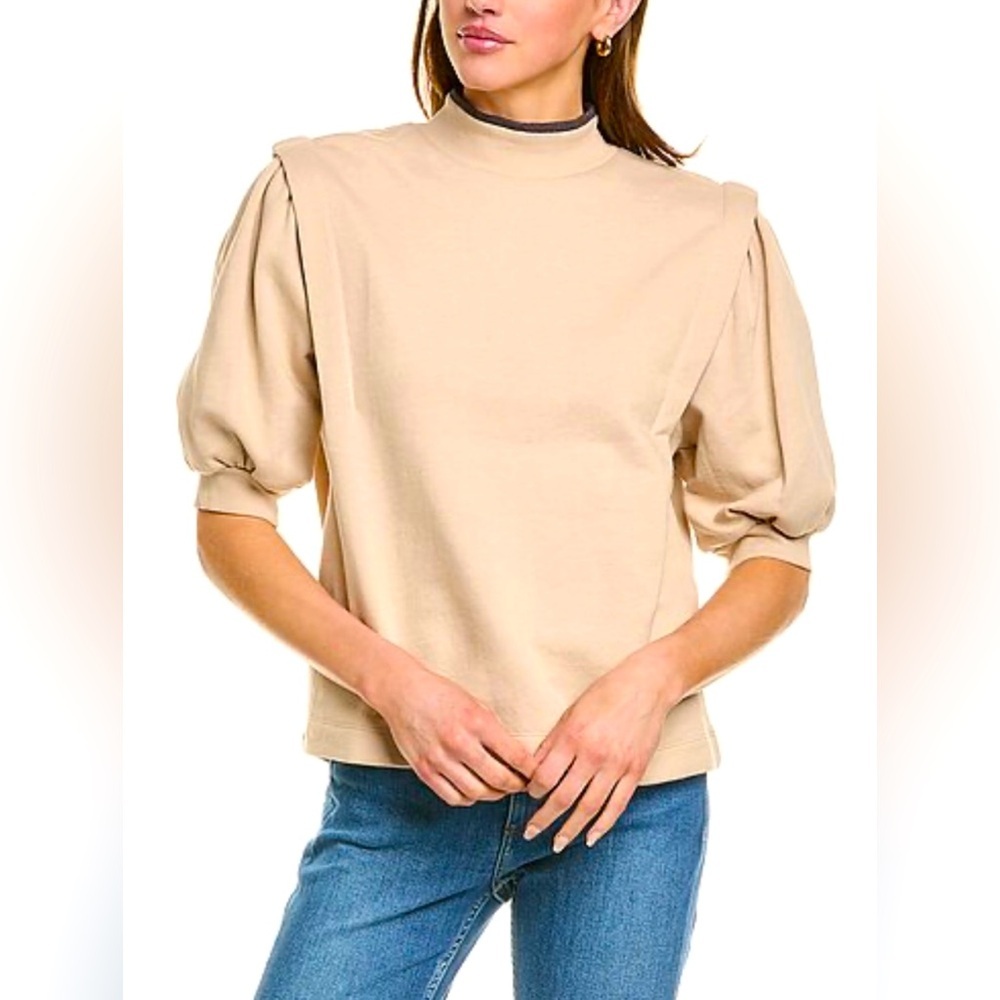Grey State Beige Puff Sleeve Mock Neck Sweatshirt